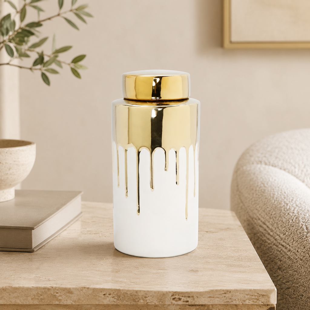 White Jar with Gold Cover and Drip Design