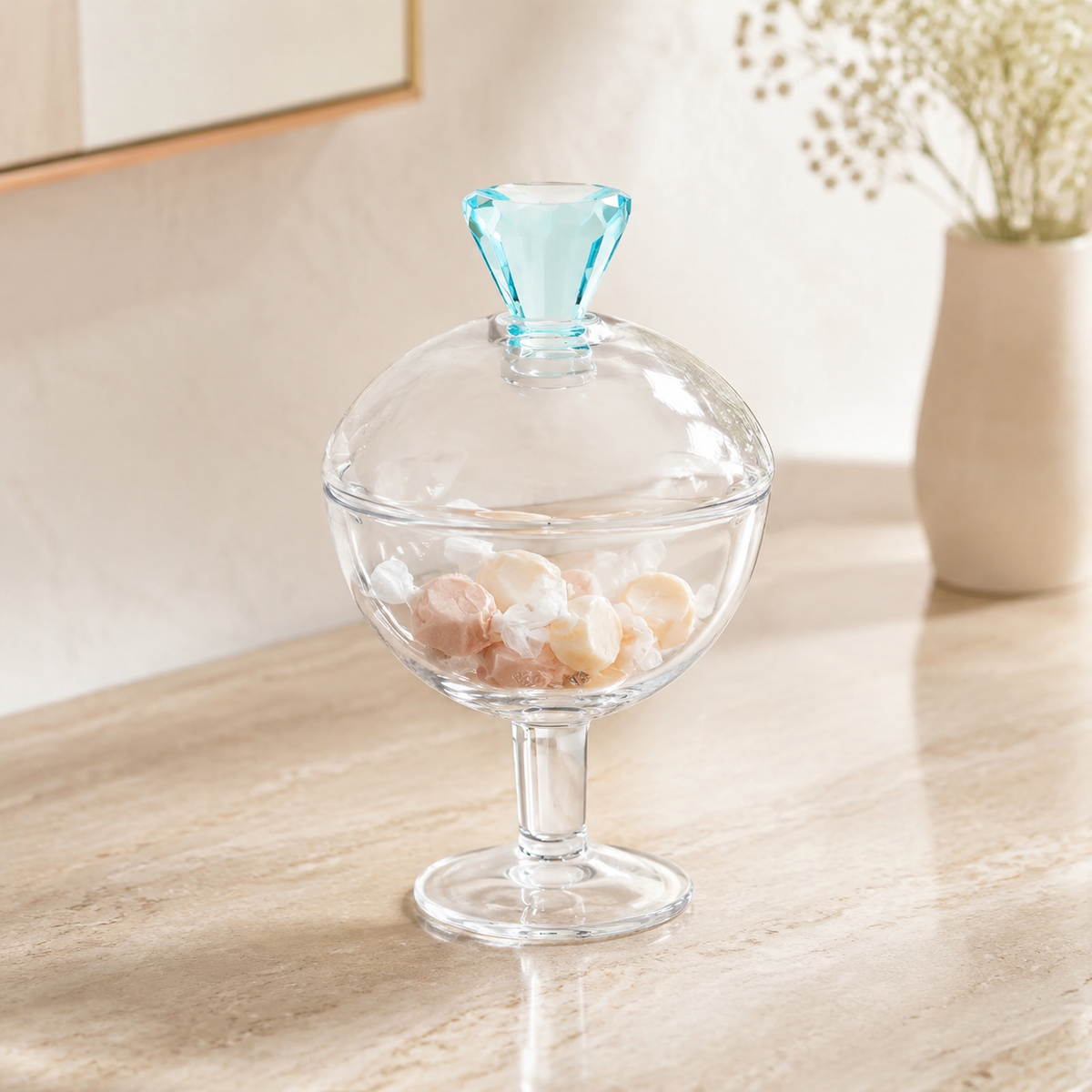 Glass Footed Jar with Colored Diamond Shaped Handle (2 sizes)