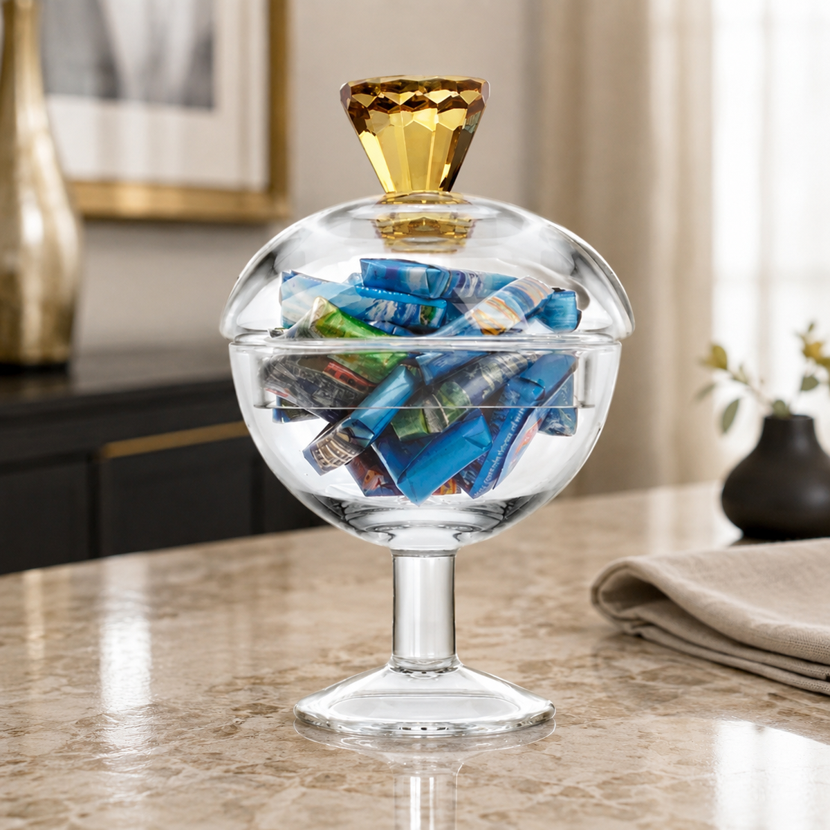 Glass Footed Jar with Colored Diamond Shaped Handle (2 sizes)