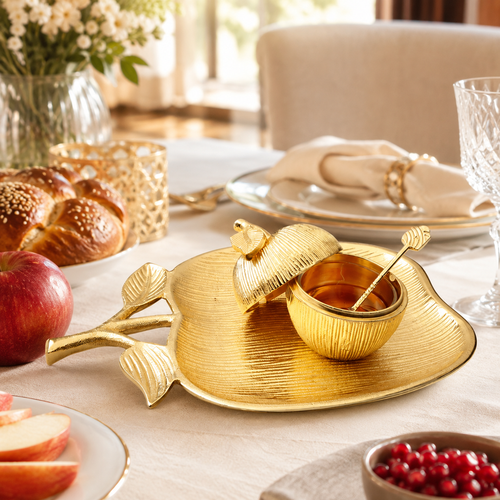 Large Gold Apple Shaped Dish with Removable Honey Jar