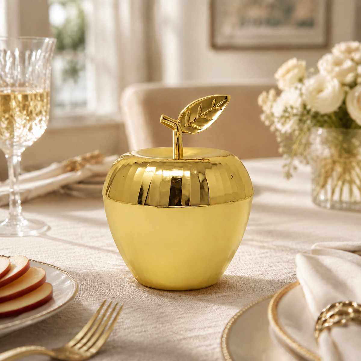Gold Textured Apple Dish with Spoon