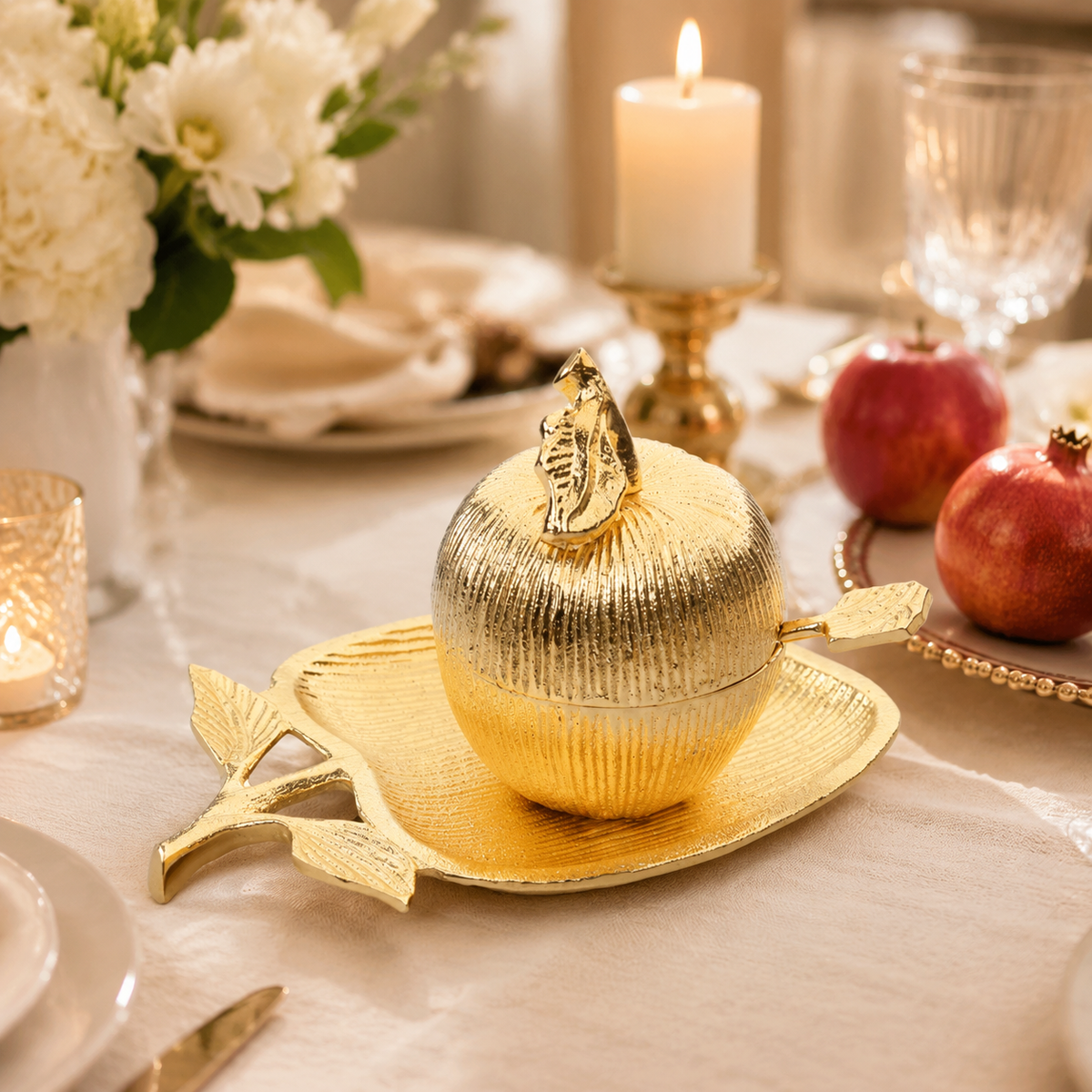 Gold Apple Shaped Dish with Removable Honey Jar