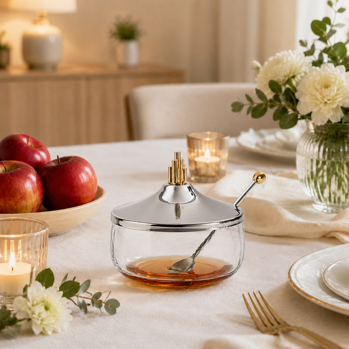 Honey Dish w/ Stainless Steel Lid and Gold Symmetric Design