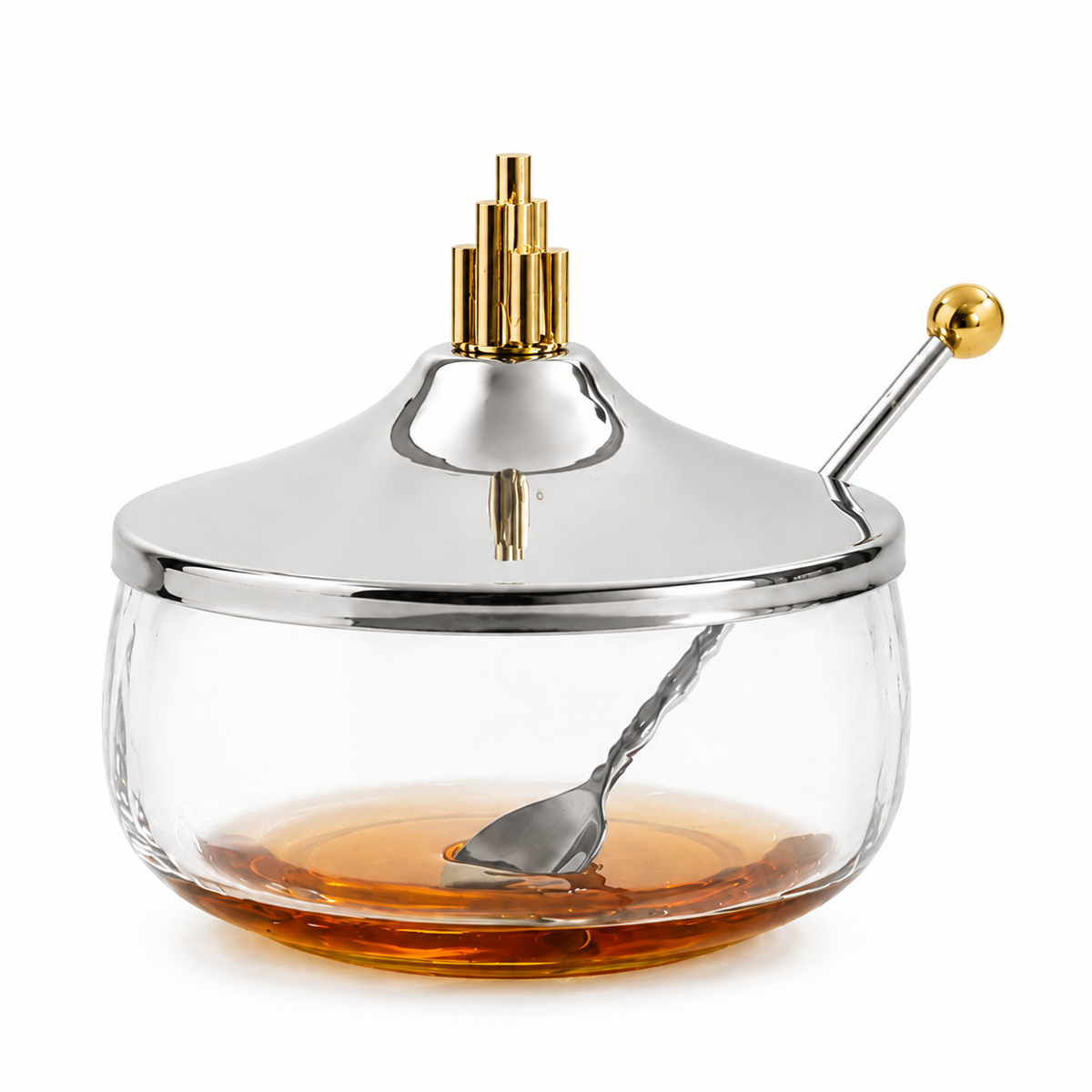 Honey Dish w/ Stainless Steel Lid and Gold Symmetric Design
