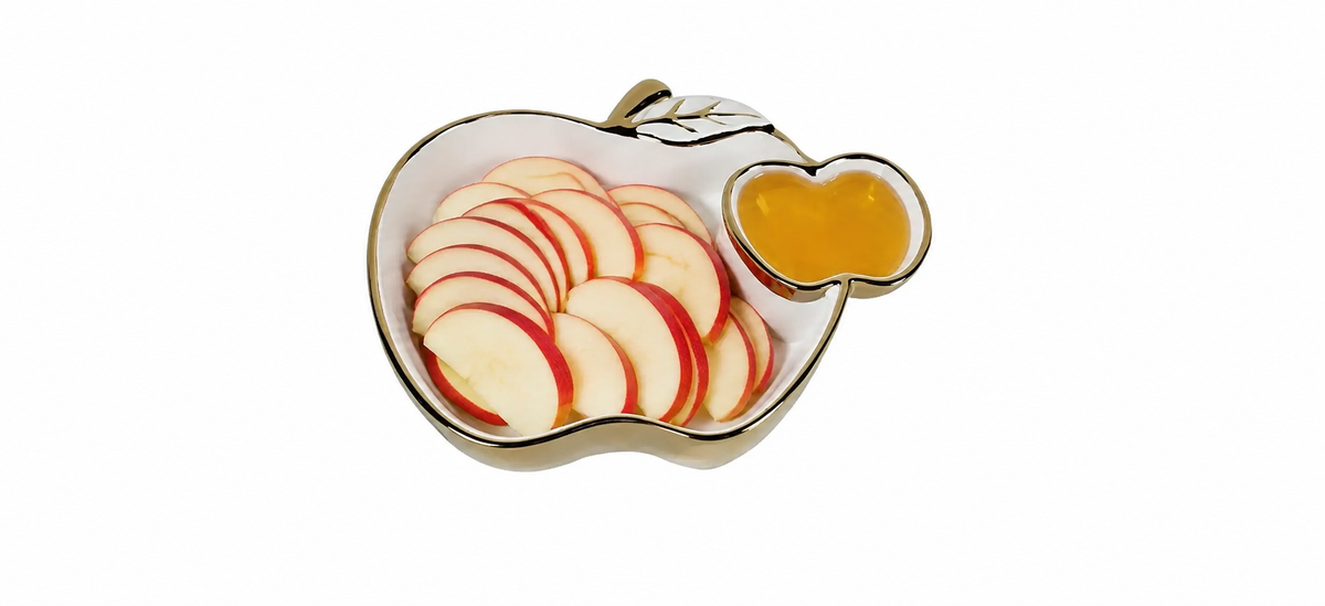 White Porcelain Apple Dish Gold Edged, 10.5"