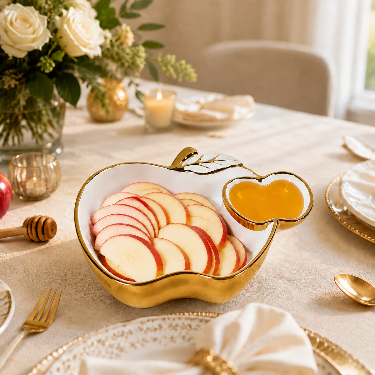White Porcelain Apple Dish Gold Edged, 10.5"