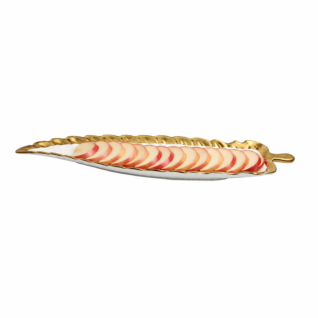 White Porcelain Leaf Dish with Gold Rim