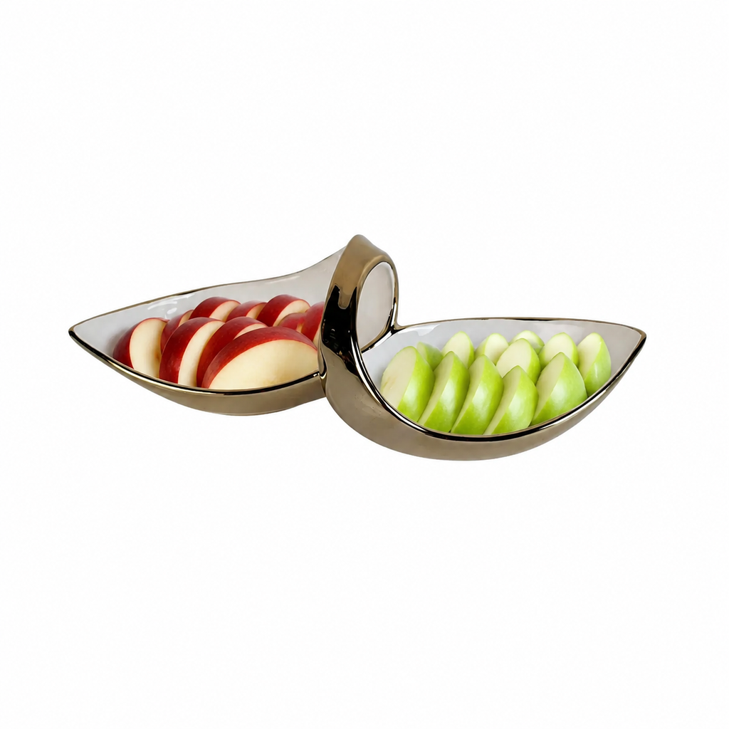 White Porcelain Double Snack Bowl with Gold, 13"L