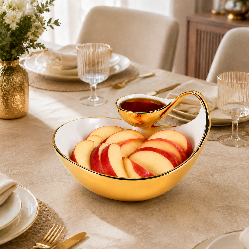 White Porcelain Chip and Dip Bowl Gold Edged, 10"