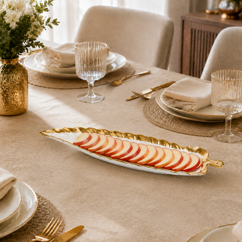 White Porcelain Leaf Dish with Gold Rim