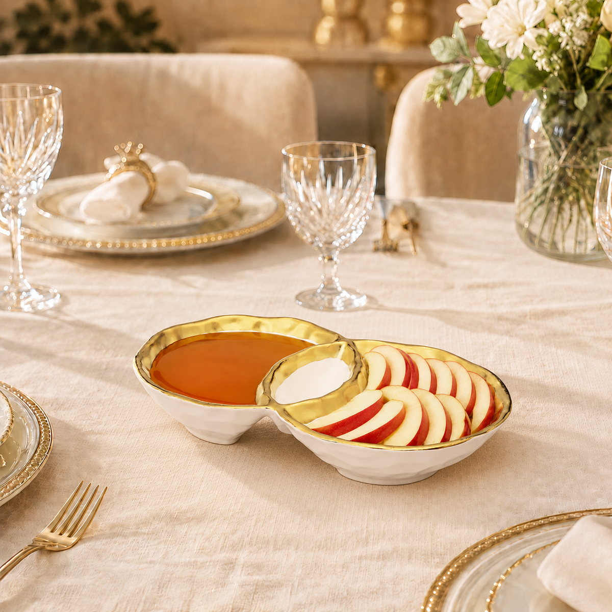 White Porcelain Round Double Bowl with Gold Rim