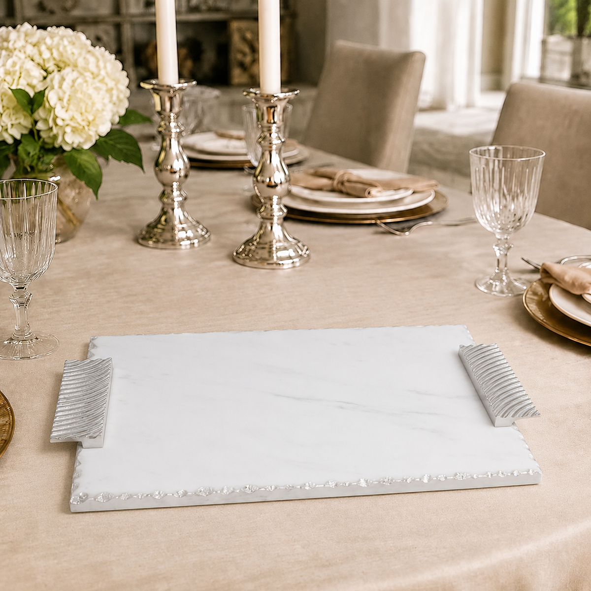 16" Marble Challah Tray with Silver Decorative