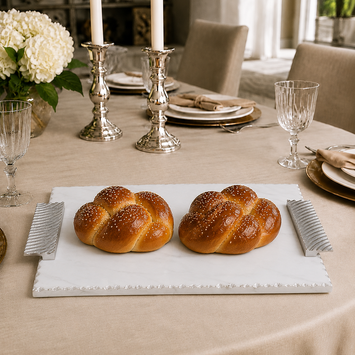 16" Marble Challah Tray with Silver Decorative