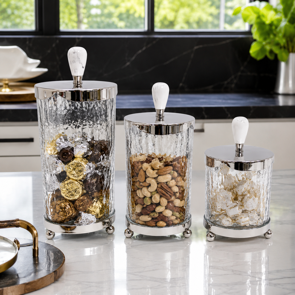 Glass Canister with Metal Lid and Marble Knob (3 Sizes)