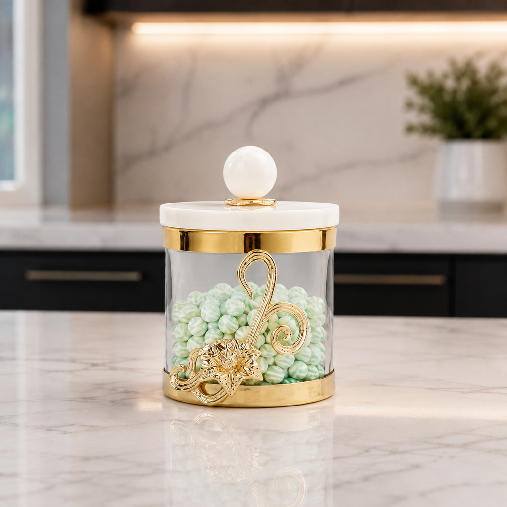 Small Glass Canister with Gold Design and Marble Lid
