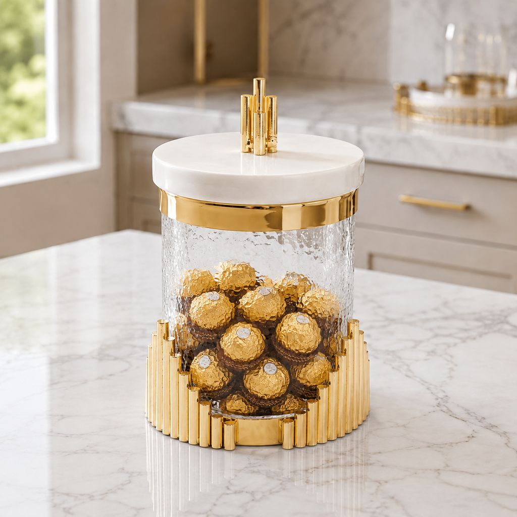 Small Glass Canister with Marble Lid and Symmetrical Gold Design