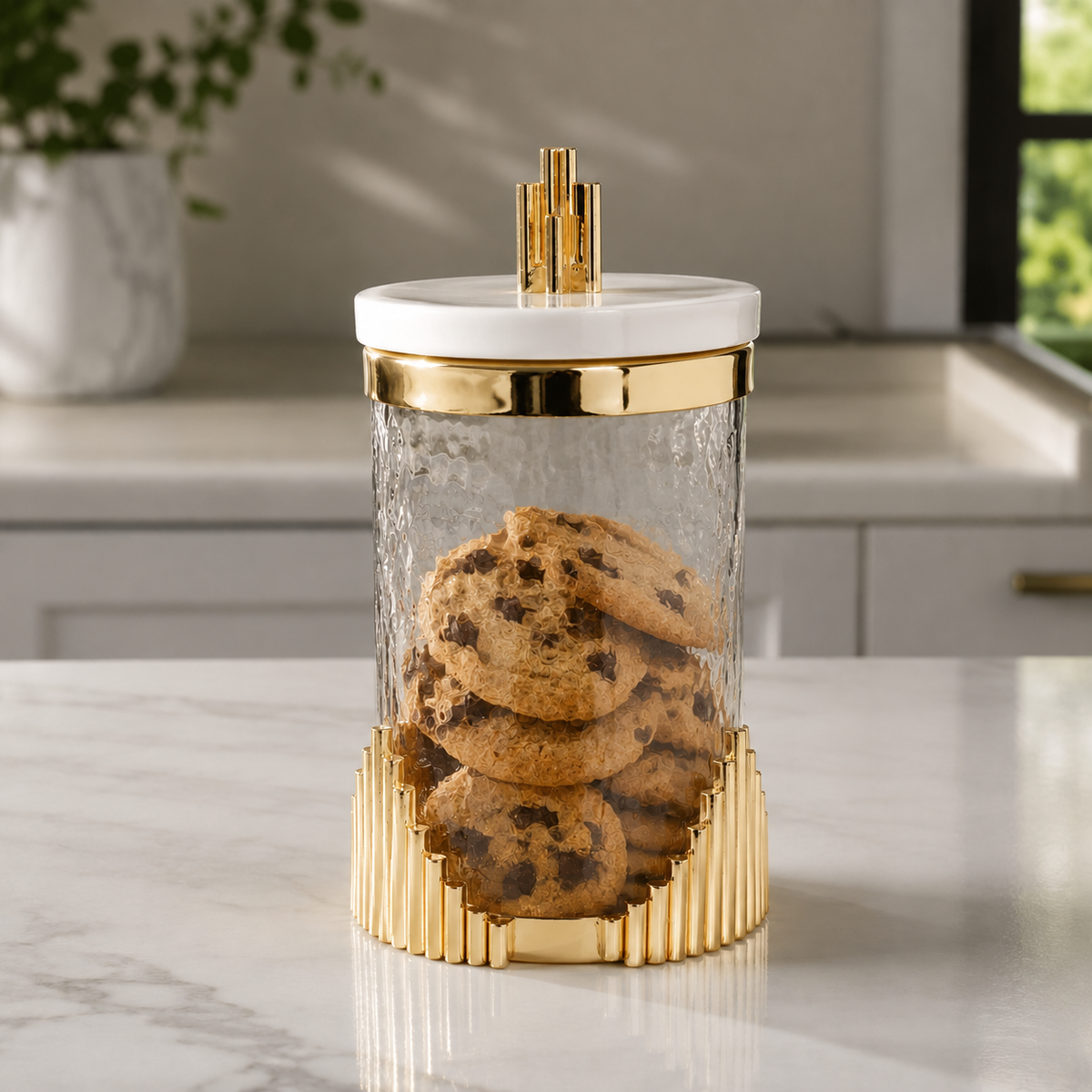 Large Glass Canister with Marble Lid and Symmetrical Gold Design