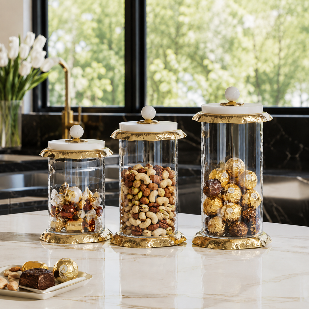 Set of 3 Glass Canisters with Marble and Gold Lid