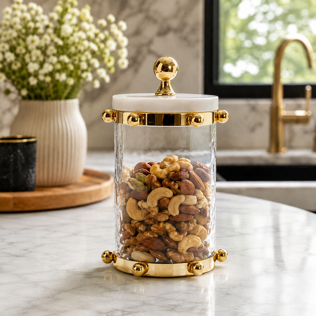 Hammered Glass Canister with Gold Ball Design 8"