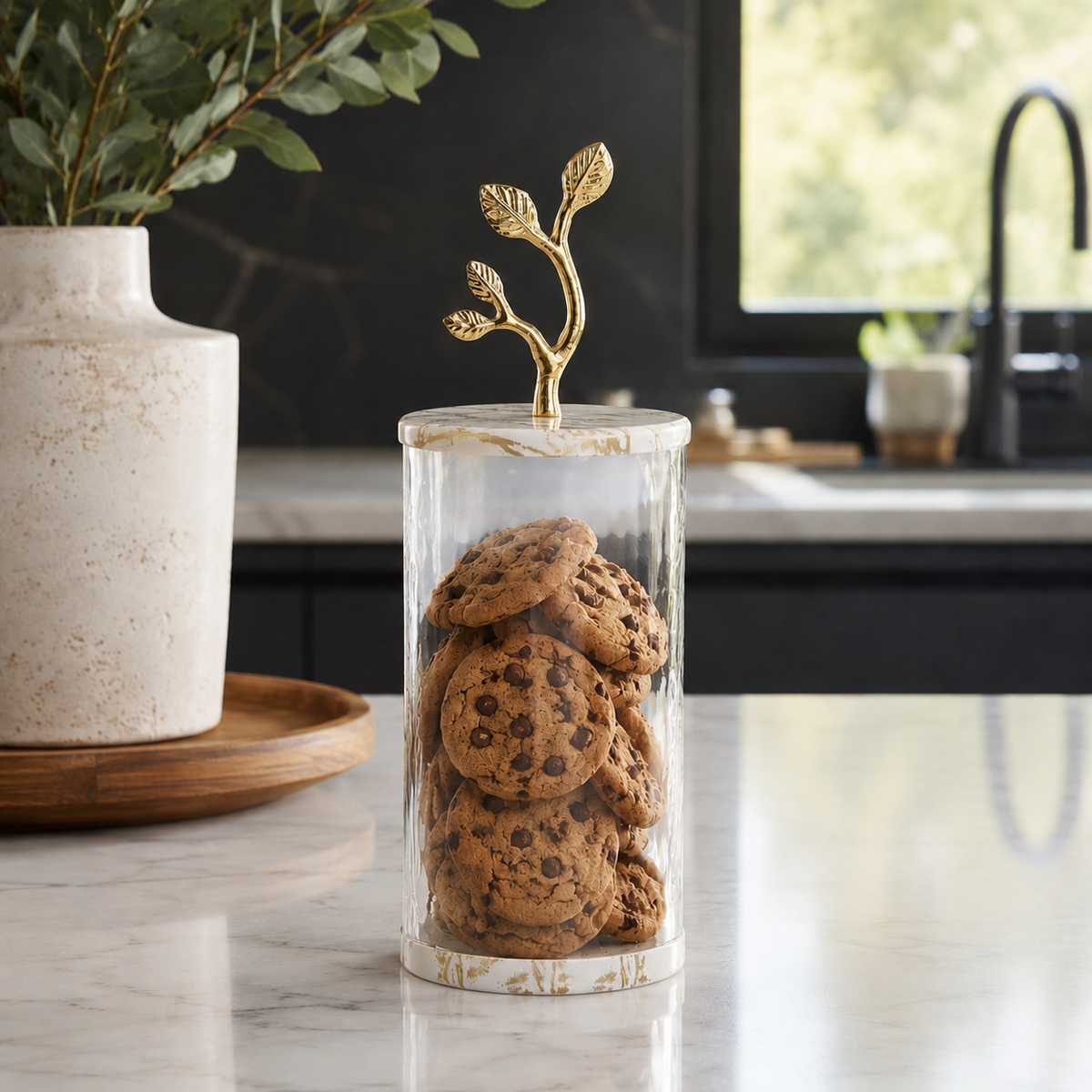 Large Glass Canister with White/Gold Marble Lid and Leaf Handle