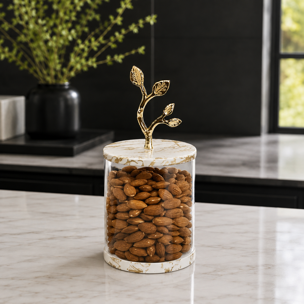 Medium Glass Canister with White/Gold Marble Lid and Leaf Handle
