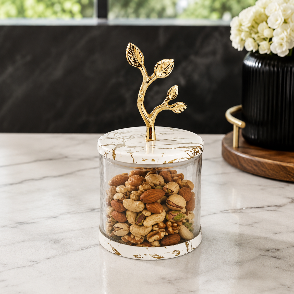Short Glass Canister with White/Gold Marble Lid and Leaf Handle