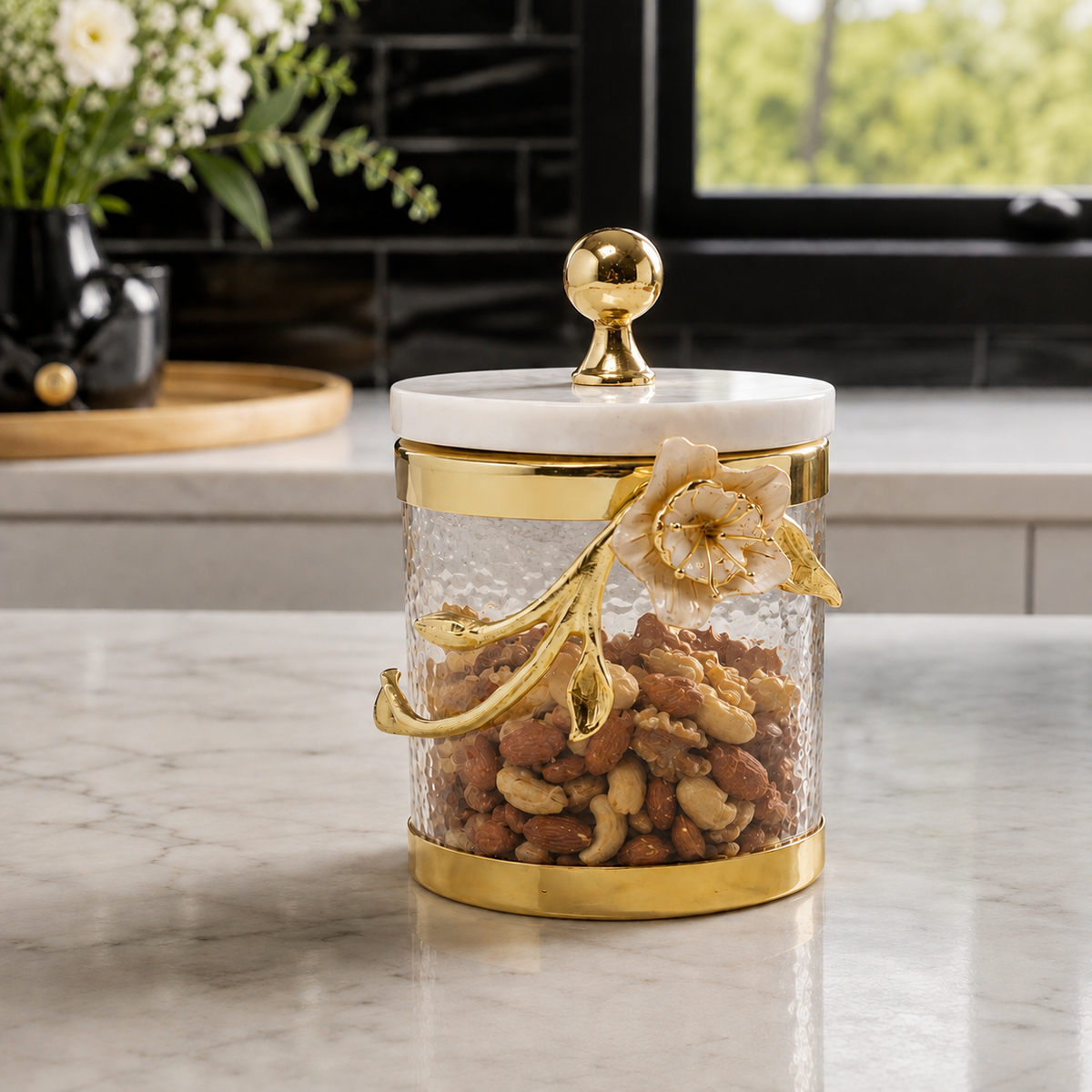 Hammered Glass Canister with White Enamel and Gold Leaf Flower, Marble Lid with Gold knob (3 sizes)