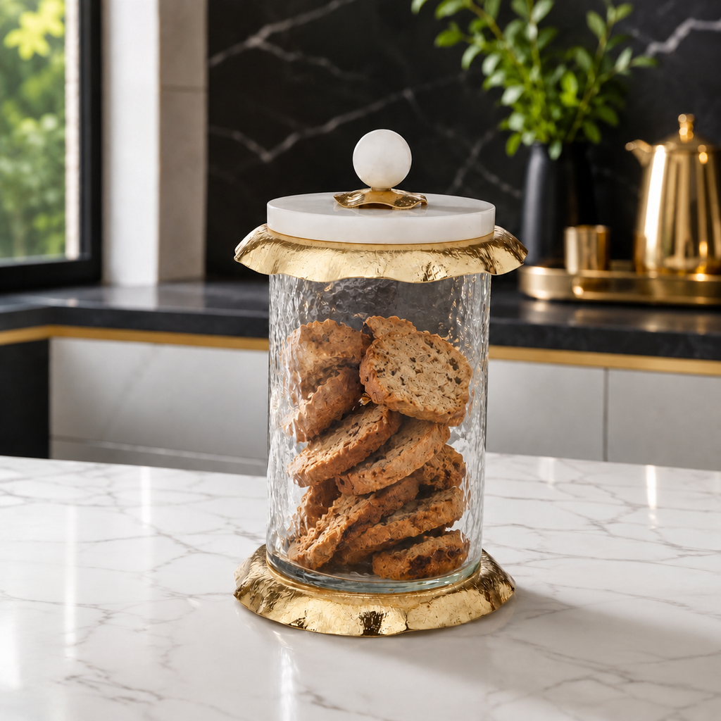 Large Glass Canister With Marble And Gold Lid - 5”D