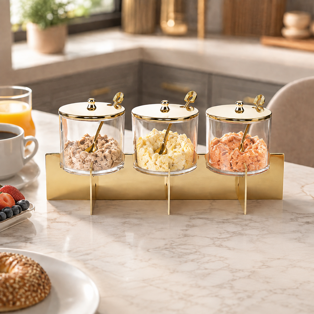 Three Glass Canister Set White Lids Gold Block Base