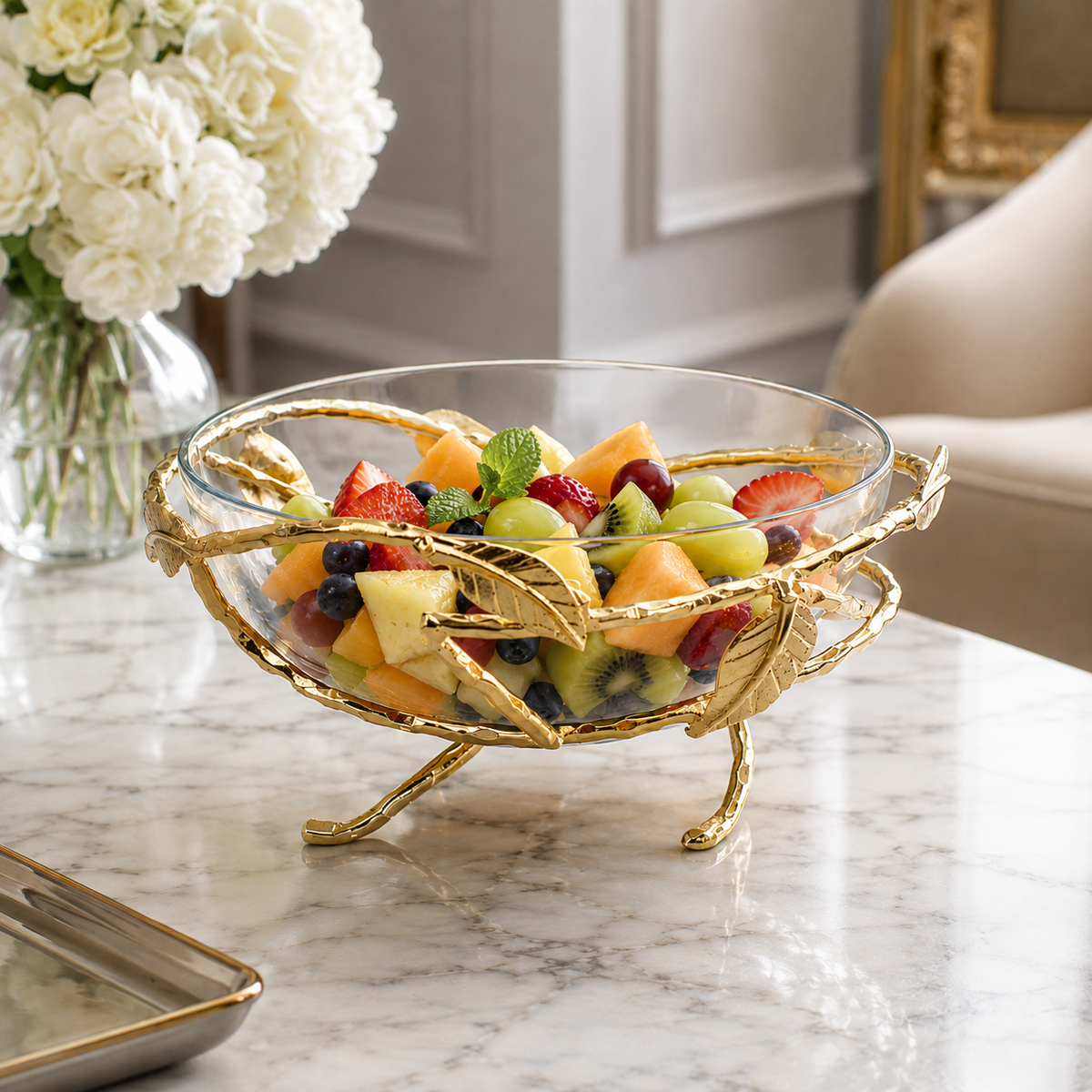 Hammered Glass Salad Bowl with Gold Brass Leaf Decoration