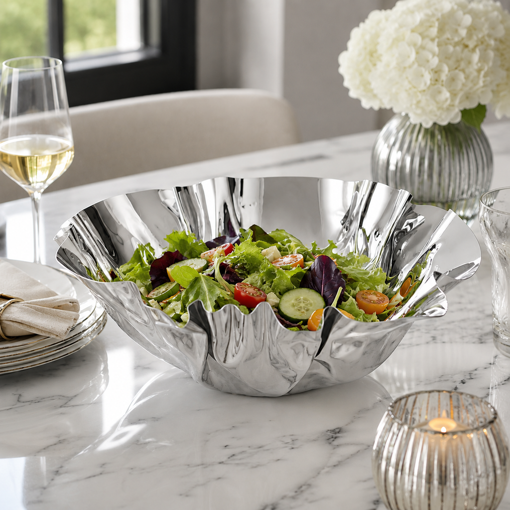 12.5" Round Stainless Steel Wavy Design Serving Bowl