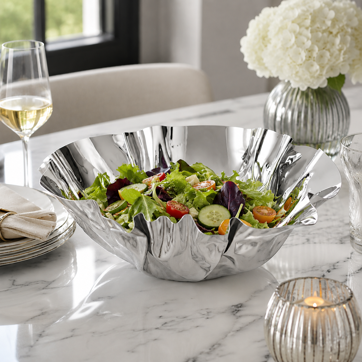 12.5" Round Stainless Steel Wavy Design Serving Bowl