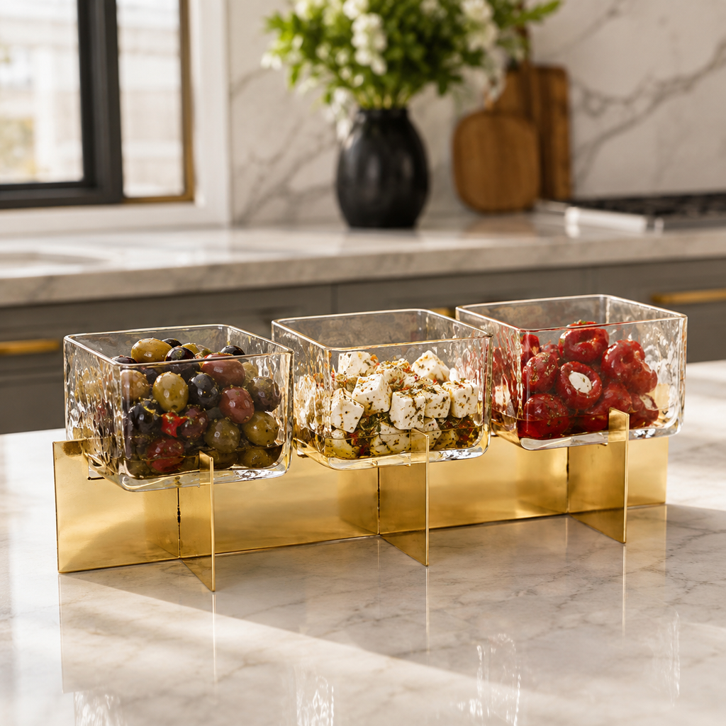 3 Sectional Dish on Gold Block Base