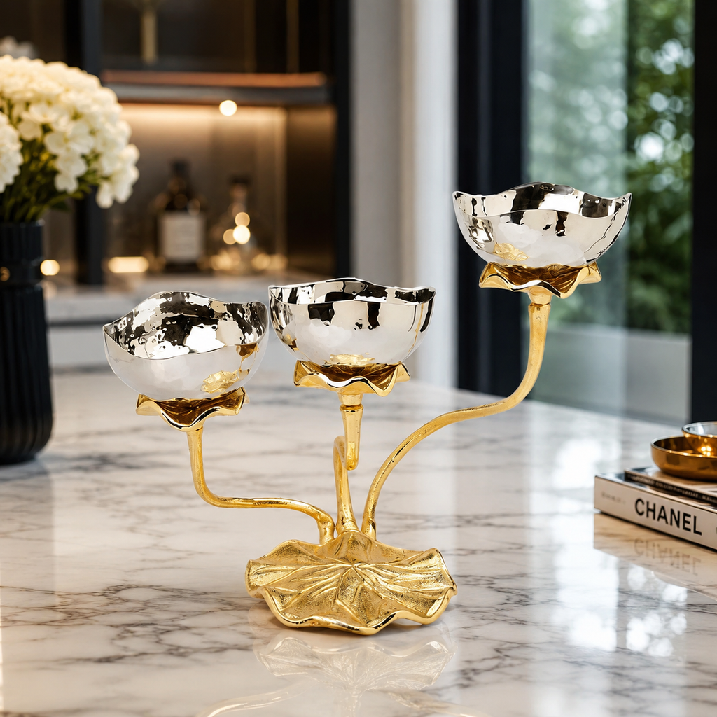 3 Bowl Stainless Steel Relish Dish with Gold Lotus Foot