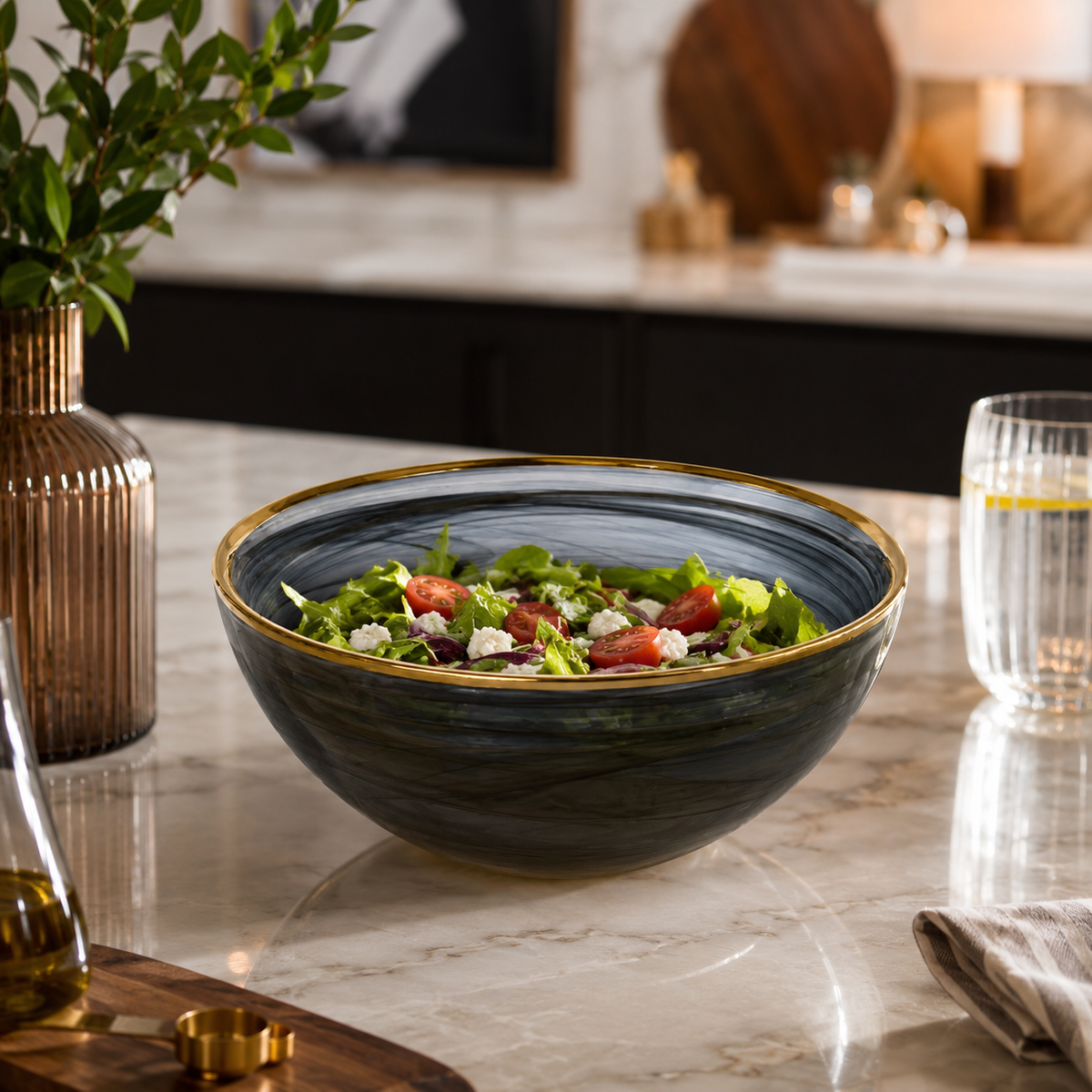 Black Alabaster Bowl With Gold Rim - 6.25"D