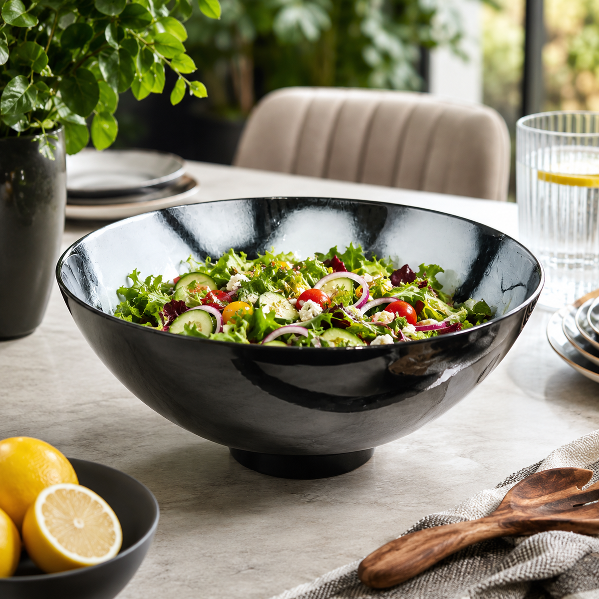 10.5" Black and Gold Marbleized Footed Bowl
