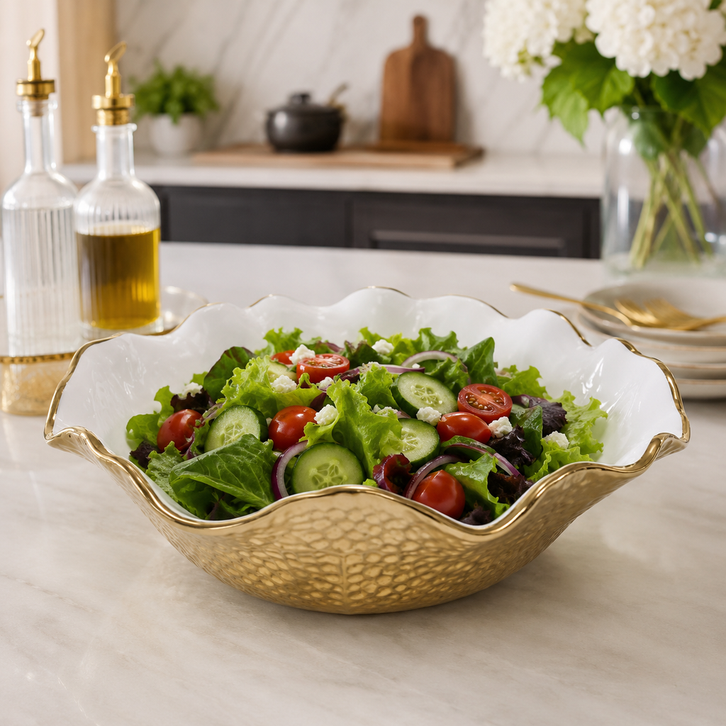 White/Gold Salad Bowl New Bone China Scalloped Edge