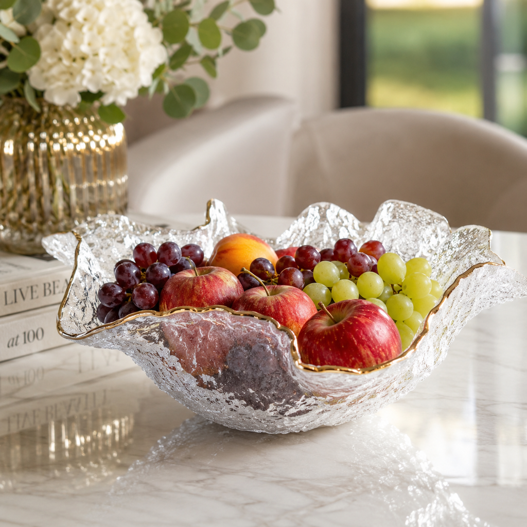 Hammered Glass Ruffled Bowl with Gold Trim (3 sizes)
