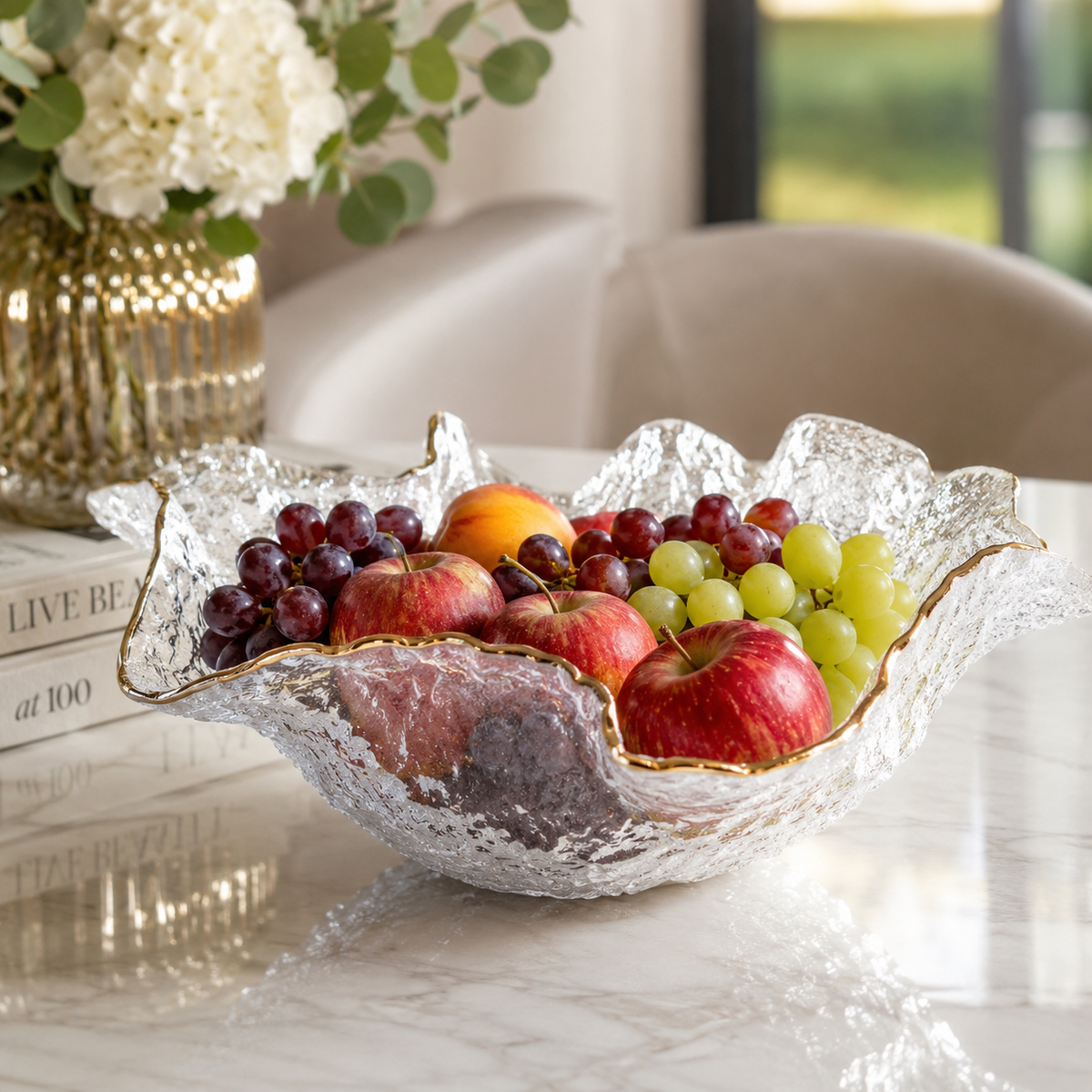 Hammered Glass Ruffled Bowl with Gold Trim (3 sizes)