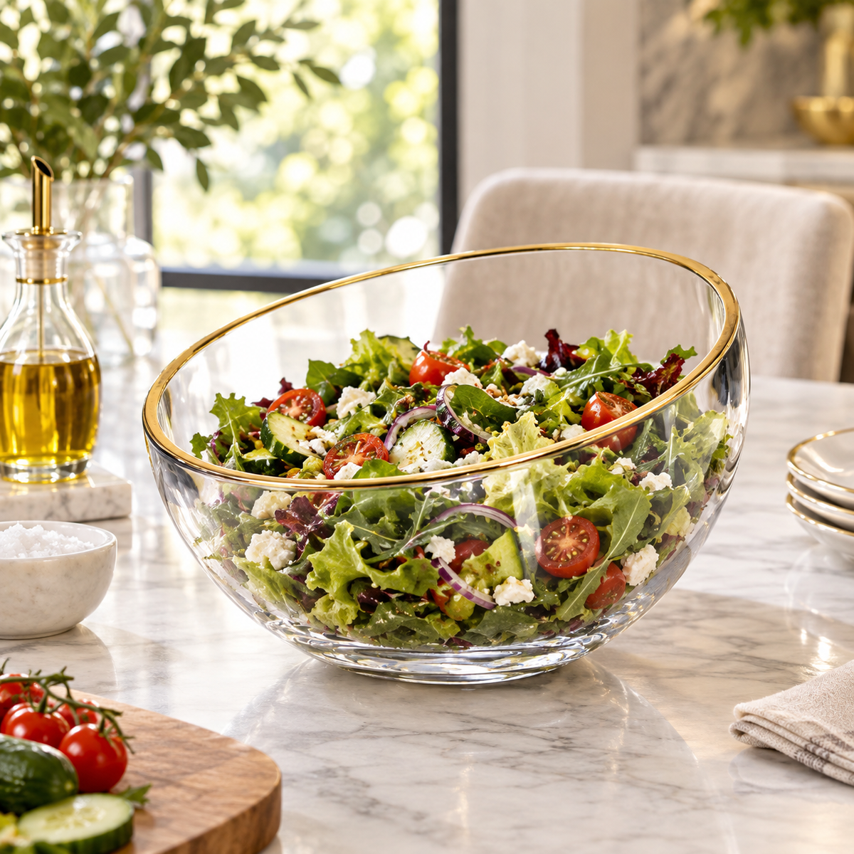 Glass Angled Salad Bowl with Gold Rim