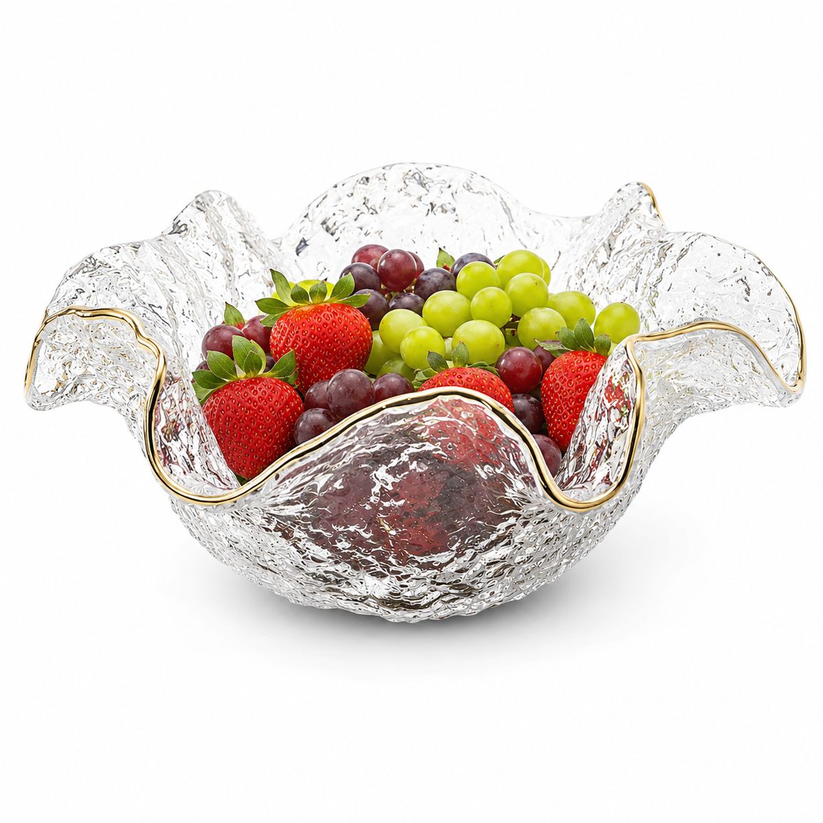 Hammered Glass Ruffled Bowl with Gold Trim (3 sizes)