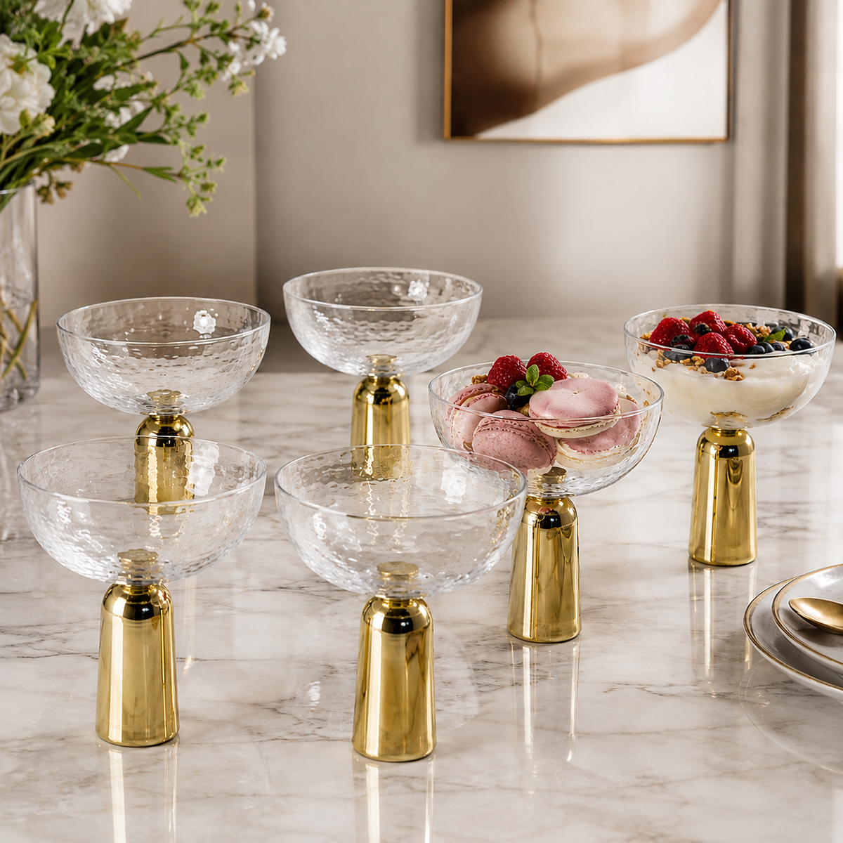 Set of 6 Hammered Dessert Bowls on Gold Pedestal