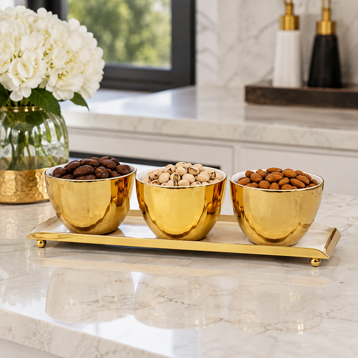 Gold and White 3 Bowl Relish Dish