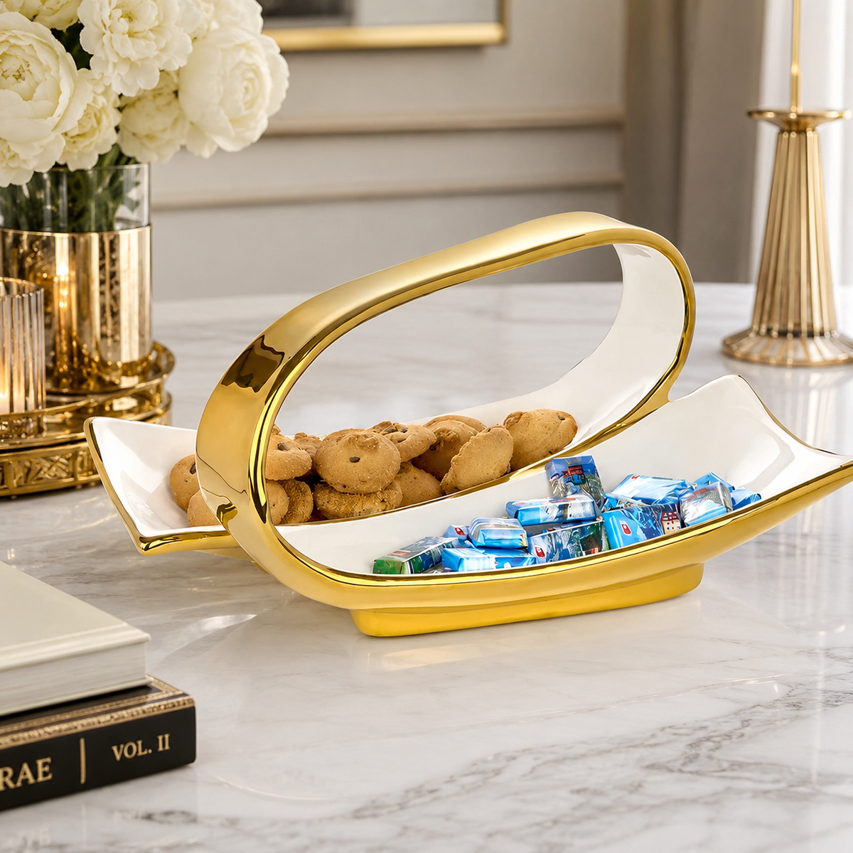 12" Ceramic 2 Sectional Dish with Gold Outside
