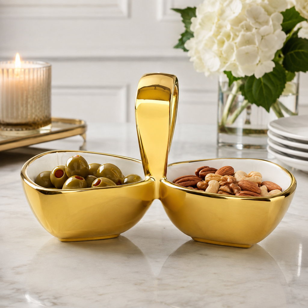 2 Ceramic Snack Bowl with Gold Outside and Handle- 8.5"