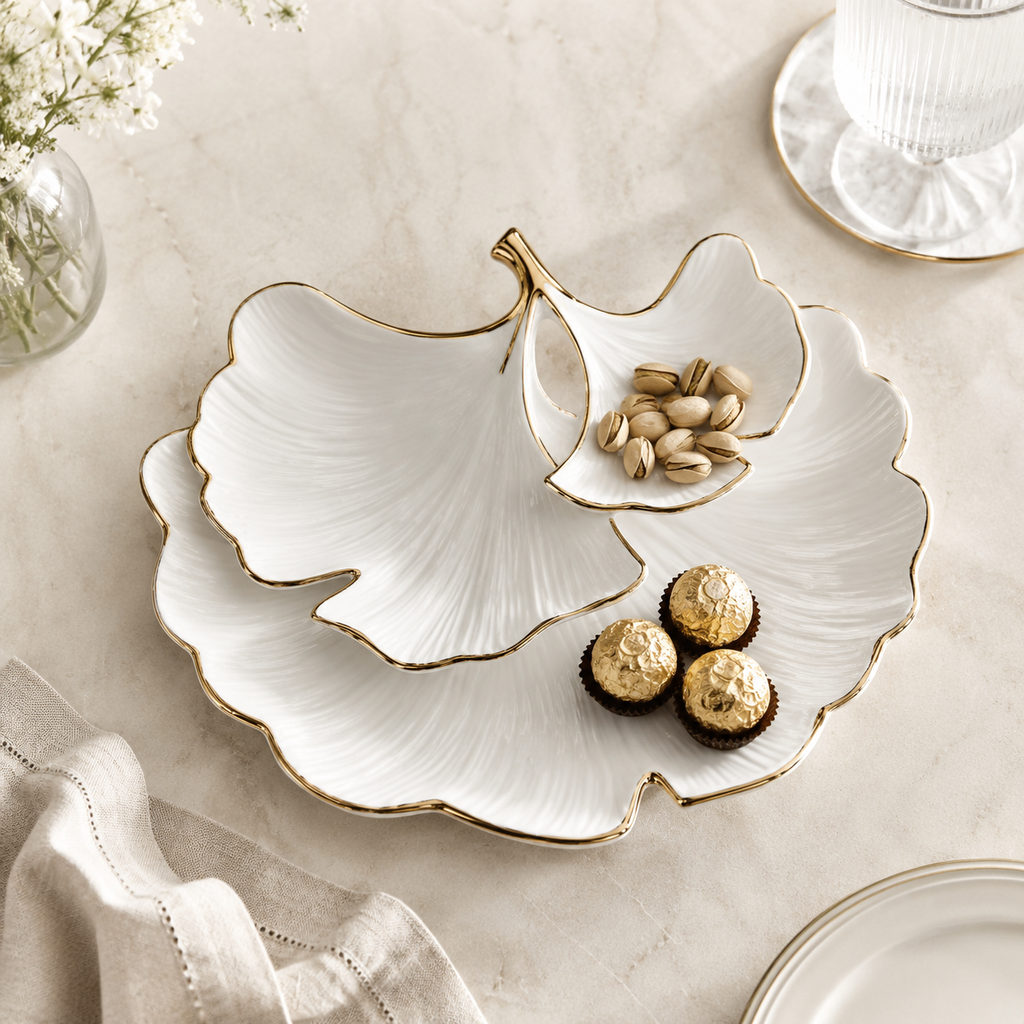 White Porcelain Sectional Leaf Plate Gold Edged, 11.75"