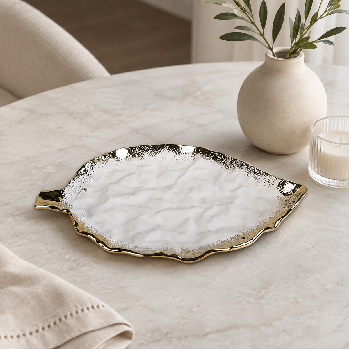 White Porcelain Leaf Dish With Gold Edge, 15"