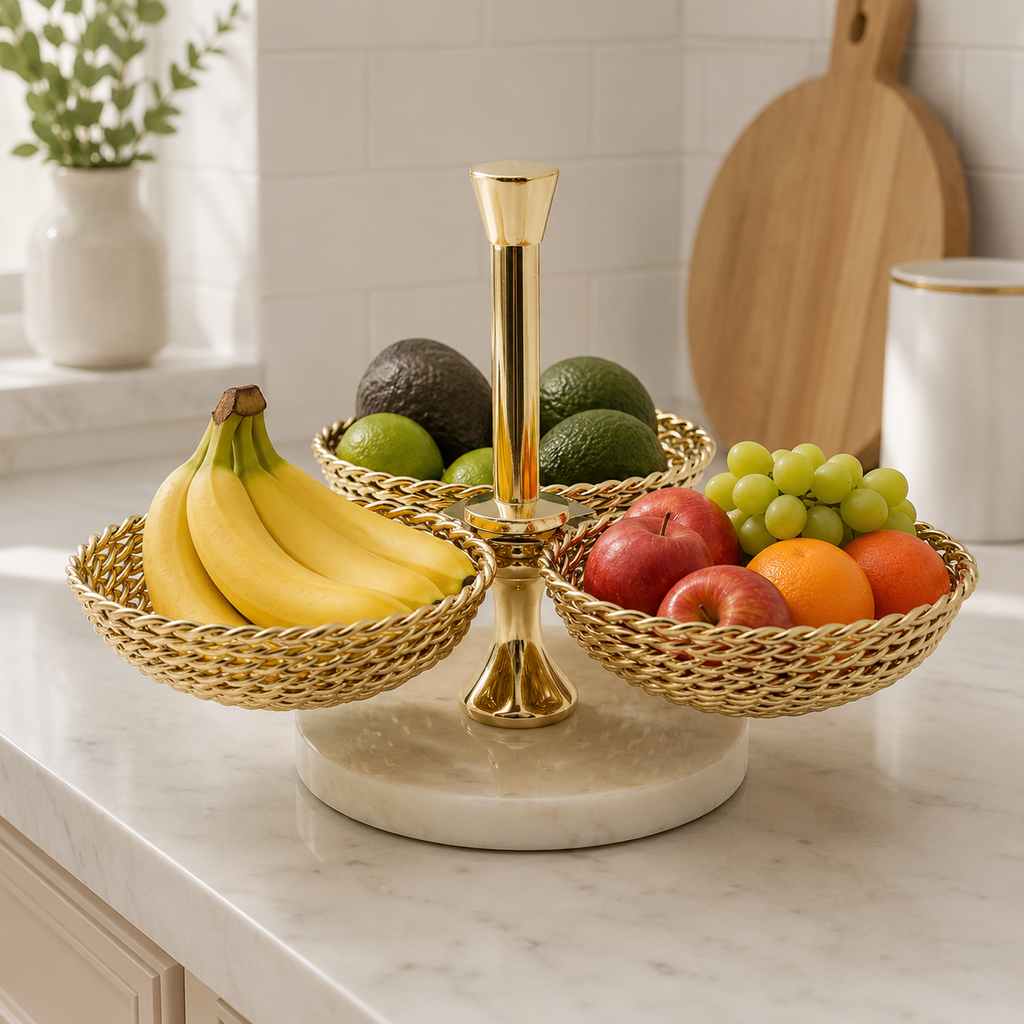 Triple Bowl Relish Dish Gold Rope Design and Marble Base