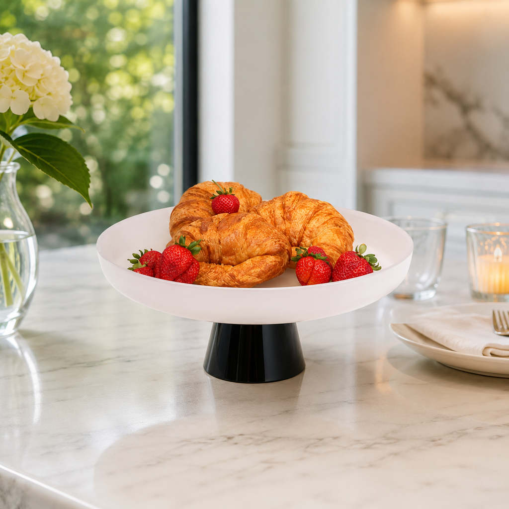 White Glass Cake Plate on Black Stem