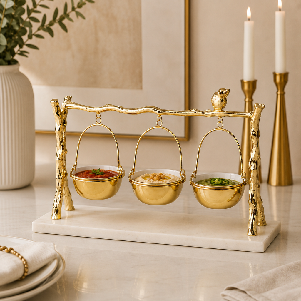 3 Hanging Bowls on Gold Branch and Marble Base